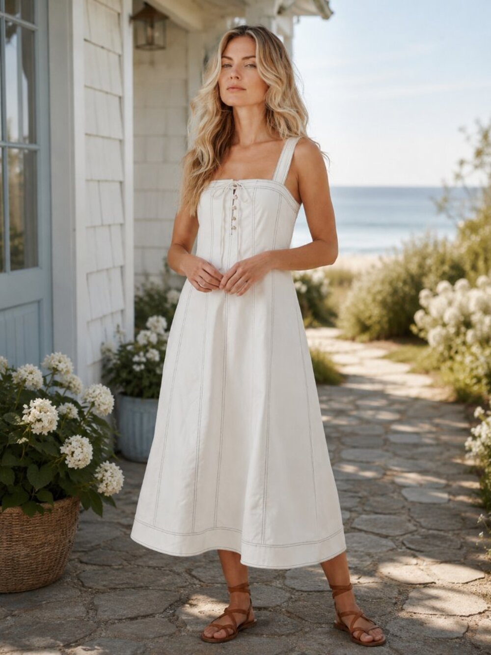 Coastal Luxury White Linen Tencel Blend Contrast Stitch Trapeze Maxi Dress - Picture 9 of 12